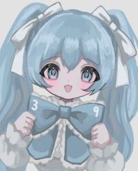 Rule 34 | 1girl, 39, alternate costume, blue bow, blue bowtie, blue eyes, blue hair, bow, bowtie, hair ribbon, hashtag only commentary, hatsune miku, highres, long hair, long sleeves, looking at viewer, miku day, open mouth, ribbon, shiona (siona0625), simple background, solo, twintails, upper body, vocaloid, white ribbon