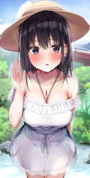 Rule 34 | 1girl, arm behind back, bare shoulders, blue eyes, blush, breasts, brown hat, cleavage, collarbone, commentary request, dress, hand up, hat, highres, hot, large breasts, looking at viewer, original, outdoors, rouka (akatyann), solo, sweat, thighs, translation request, white dress