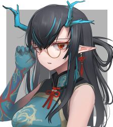 Rule 34 | 1girl, arknights, bare shoulders, bespectacled, black hair, blue dress, blue hair, blue skin, border, china dress, chinese clothes, colored skin, dragon horns, dress, dusk (arknights), dusk (everything is a miracle) (arknights), earrings, glasses, gradient skin, grey background, highres, horns, jewelry, kusami toka naku au, long hair, looking at viewer, multicolored hair, official alternate costume, orange-framed eyewear, outside border, parted lips, pointy ears, red eyes, simple background, sleeveless, sleeveless dress, solo, streaked hair, tassel, tassel earrings, two-tone hair, upper body, white border