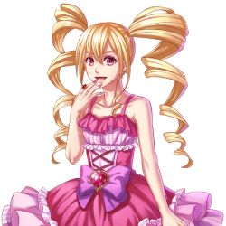 Rule 34 | 10s, 1boy, blonde hair, bow, crossdressing, dress, drill hair, earrings, hand to own mouth, heart-shaped gem, jewelry, long hair, male focus, official art, open mouth, pink eyes, ring, simple background, smile, solo, tormari (yume-100), transparent background, trap, twin drills, twintails, yume oukoku to nemureru 100-nin no ouji-sama