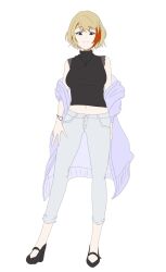 Rule 34 | 1girl, :3, alternate eye color, arm behind back, black eyes, black footwear, black shirt, braid, breasts, buttons, catnamenothing, closed mouth, contrapposto, full body, grey pants, high heels, highres, jewelry, light brown hair, looking at viewer, looking down, medium bangs, medium breasts, midriff, multicolored hair, nanashi inc., navel, necklace, official alternate costume, open fly, orange hair, pants, purple shirt, shirt, shirt partially removed, short hair, simple background, sleeveless, sleeveless shirt, smile, solo, split mouth, standing, touri sei, touri sei (2nd costume), turtleneck, two-tone hair, virtual youtuber, w, white background