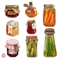 Rule 34 | abaoyaonuli, asparagus, blueberry print, bottle, carrot, english text, food focus, highres, honey, honey dipper, jam, jar, original, pickle, simple background, still life, white background