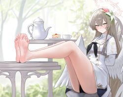 Rule 34 | 1girl, absurdres, angel wings, bare legs, barefoot, black neckerchief, black panties, blue archive, cake, cruciform halo, cup, feathered wings, feet, flower, food, hair flower, hair ornament, halo, highres, light brown hair, looking at viewer, low wings, nagisa (blue archive), neckerchief, no shoes, panties, pink halo, smile, soles, suiryuu (18559651), swiss roll, tea party (blue archive), teacup, toes, underwear, white wings, wings, yellow eyes, yellow halo