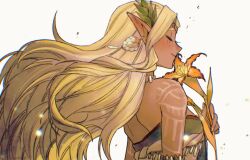 Rule 34 | 1girl, bare shoulders, blonde hair, closed eyes, closed mouth, commentary request, dark-skinned female, dark skin, earrings, fingernails, floating hair, flower, highres, holding, holding flower, jewelry, long hair, mouyi, nintendo, pointy ears, profile, shoulder tattoo, simple background, smile, solo, sonia (zelda), strapless, tattoo, the legend of zelda, the legend of zelda: tears of the kingdom, white background, yellow flower