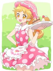 Rule 34 | 1girl, :d, apron, blonde hair, border, cake, collared dress, cowboy shot, dress, food, frilled apron, frilled dress, frills, green background, hand on own hip, hand up, highres, himawari (fairilu), holding, holding tray, ikzw, long hair, looking at viewer, mushroom hat, open mouth, pink dress, pink headwear, polka dot, polka dot dress, rilu rilu fairilu, side ponytail, sleeveless, sleeveless dress, smile, solo, standing, tray, waist apron, white apron, white border, yellow eyes