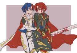 Rule 34 | 2boys, alear (fire emblem), alear (male) (fire emblem), ascot, belt, blood, blood on face, bloody weapon, blue hair, cape, closed mouth, fire emblem, fire emblem engage, gloves, highres, holding, holding sword, holding weapon, long sleeves, looking at another, multiple boys, nintendo, past alear (male), red eyes, red hair, short hair, sword, teacher sbm, time paradox, weapon, white ascot