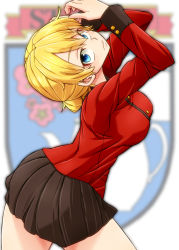 Rule 34 | 1girl, aono3, arched back, arms up, black skirt, blonde hair, blue eyes, blurry, blurry background, braid, closed mouth, commentary, darjeeling (girls und panzer), emblem, from side, girls und panzer, head back, highres, jacket, leaning forward, long sleeves, looking at viewer, military, military uniform, miniskirt, pleated skirt, red jacket, short hair, skirt, solo, st. gloriana&#039;s (emblem), st. gloriana&#039;s military uniform, standing, uniform