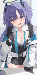 Rule 34 | 1girl, absurdres, belt, belt pouch, black gloves, black skirt, blue archive, blush, breasts, cleavage, collarbone, formal, furrowed brow, gloves, half gloves, halo, highres, id card, jacket, long hair, long sleeves, looking at viewer, mechanical halo, medium breasts, minazuki (uraha246), miniskirt, necktie, open clothes, open jacket, open mouth, pleated skirt, pouch, purple eyes, purple hair, school uniform, shirt, sidelocks, skirt, solo, suit, teeth, two-sided fabric, two-sided jacket, two side up, undone necktie, upper body, upper teeth only, white belt, white jacket, white shirt, yuuka (blue archive)