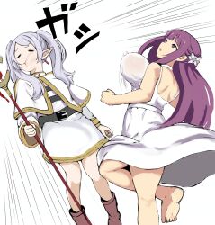 Rule 34 | 2girls, absurdres, belt, black belt, blunt bangs, boots, bouncing breasts, breasts, bright pupils, brown footwear, capelet, closed eyes, commentary request, dress, drop earrings, earrings, fern (sousou no frieren), frieren, grey hair, halabulu88, highres, holding, holding staff, jewelry, large breasts, long hair, long sleeves, mixed-language commentary, multiple girls, parted bangs, pointy ears, purple eyes, purple hair, purple pupils, shirt, simple background, slapping with breasts, sousou no frieren, staff, straight hair, striped clothes, striped shirt, twintails, white capelet, white dress