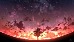 Rule 34 | chinese commentary, cloud, commentary request, highres, night, night sky, no humans, original, outdoors, rune xiao, scenery, signature, sky, star (sky), starry sky, still life, sun, sunset, tree