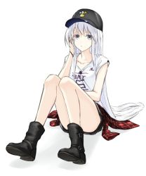 Rule 34 | 1girl, aiu eo, alternate costume, azur lane, bad id, bad pixiv id, baseball cap, boots, breasts, clothes around waist, collarbone, contemporary, enterprise (azur lane), expressionless, full body, grey eyes, hand in own hair, hat, knees together feet apart, long hair, looking at viewer, shirt, simple background, sitting, small breasts, solo, sweater, sweater around waist, white background, white hair