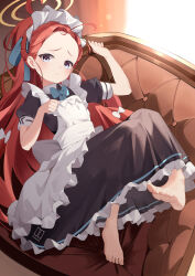 Rule 34 | 1girl, absurdres, apron, barefoot, black dress, blue archive, blush, closed mouth, dowal, dress, feet, foot focus, halo, highres, long hair, looking at viewer, maid, maid apron, maid headdress, official alternate costume, presenting foot, purple eyes, red hair, short sleeves, solo, toes, white apron, yellow halo, yuzu (blue archive), yuzu (maid) (blue archive)