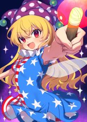 Rule 34 | 1girl, american flag dress, american flag pants, american flag print, arms up, blonde hair, blue background, blush, breasts, clownpiece, commentary request, dress, e sdss, fairy wings, fingernails, fire, gradient background, hair between eyes, hands up, hat, highres, holding, holding torch, jester cap, long fingernails, long hair, multicolored background, neck ruff, open mouth, pants, polka dot, print pants, purple background, purple hat, red eyes, short sleeves, small breasts, smile, solo, sparkle, sparkle background, standing, star (symbol), star print, striped clothes, striped dress, striped pants, tongue, torch, touhou, wings