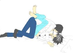 Rule 34 | 00s, 2boys, all fours, ass, bags under eyes, black eyes, black hair, boy on top, death note, denim, flat color, full body, jeans, kiss, l (death note), leg lock, legs up, loafers, long sleeves, lying, male focus, matsuda touta, multiple boys, necktie, on back, pants, shirt, shoes, short hair, simple background, spiked hair, white background, white shirt, yaoi