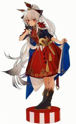 Rule 34 | 1girl, arknights, black footwear, black gloves, blue cape, boots, cape, cape lift, dress, full body, gloves, grey hair, hand up, headgear, highres, latutou1, long hair, looking at viewer, nail polish, official alternate costume, open mouth, red dress, red eyes, red nails, single glove, solo, standing, symbol-only commentary, very long hair, weedy (arknights), weedy (candy cape) (arknights), white background