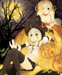 Rule 34 | 2girls, ass, black legwear, blonde hair, blue eyes, boots, breasts, candy, cleavage, costume, cross, detached sleeves, female focus, food, green eyes, hat, highres, hinagi (fox priest), long hair, moon, multiple girls, mummy, navel, open mouth, original, pumpkin, short hair, sitting, skirt, smile, thighhighs, tongue, witch, witch hat