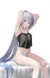 Rule 34 | 1girl, alternate hairstyle, arms behind head, arms up, black tank top, blue eyes, breasts, cleavage, collarbone, hair between eyes, hatsune miku, high ponytail, highres, hong jo, long hair, looking at viewer, medium breasts, midriff, mouth hold, navel, panties, silver hair, simple background, sitting, solo, spaghetti strap, stomach, tank top, tying hair, underwear, underwear only, very long hair, vocaloid, white background, white panties