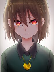 Rule 34 | 1other, :|, androgynous, black shirt, black undershirt, bob cut, brown hair, chara (undertale), close-up, closed mouth, collarbone, commentary, constricted pupils, expressionless, glowing, glowing eyes, gold necklace, gradient background, green sweater, hair between eyes, hair over eyes, heart, heart necklace, heart pendant, highres, jewelry, locket, looking at viewer, loose hair strand, necklace, pendant, portrait, red eyes, shirt, short hair, sweater, undertale, white background, yuupontan.