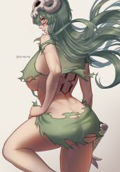 Rule 34 | 1girl, absurdres, ass, bleach, breasts, green hair, hand on own thigh, highres, large breasts, long hair, nelliel tu odelschwanck, revealing clothes, sideboob, torn clothes, underboob