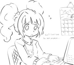 Rule 34 | 1girl, calendar (object), computer, drawfag, english text, frog, greyscale, hair bobbles, hair ornament, idolmaster, idolmaster (classic), jewelry, keyboard (computer), monochrome, mouse (computer), necklace, solo, sopa, takatsuki yayoi, twintails