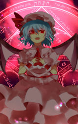 Rule 34 | 1girl, bat wings, fangs, female focus, hands on own chest, hat, kurosawa kazuto, magic circle, open mouth, red eyes, remilia scarlet, short hair, smile, solo, touhou, wings