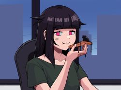 Rule 34 | 1girl, :3, black cat, black hair, black shirt, blunt bangs, calponpon, cat, chair, claire (calponpon), food, hand up, highres, holding, holding food, long hair, looking at viewer, no pupils, original, purple eyes, shirt, short sleeves, smile, solo, window