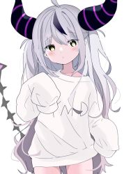 Rule 34 | ahoge, blush, collarbone, demon horns, dot nose, grey hair, hand up, hands in sleeves, head tilt, hololive, holox, horns, la+ darknesss, long hair, long sleeves, multicolored hair, nocchi (r ws2l), oversized clothes, oversized shirt, pointy ears, purple hair, shirt, sidelocks, simple background, tail, two-tone hair, virtual youtuber, white background, white shirt, yellow eyes