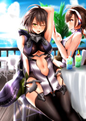 Rule 34 | 2girls, adapted costume, ahoge, anchor hair ornament, arm up, armpits, azur lane, bad id, bad pixiv id, baltimore (azur lane), black legwear, black leotard, blush, braid, breasts, brown hair, cellphone, center opening, chin gero, clothes writing, coat, day, dya, earrings, garter straps, hair ornament, hairband, highres, holding, holding phone, hood, hood down, hooded coat, independence (azur lane), jewelry, large breasts, leotard, long hair, looking at phone, looking at viewer, low ponytail, melon soda, miniskirt, multiple girls, navel, one eye closed, outdoors, pelvic curtain, phone, pleated skirt, purple coat, red eyes, short hair, sidelocks, skirt, sleeveless, sleeveless coat, slit pupils, smartphone, smile, thighhighs, thighs, very long hair, yellow eyes