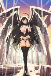 Rule 34 | 1girl, :q, armor, bare shoulders, black choker, black gloves, black hair, black panties, black thighhighs, breasts, choker, cleavage, closed mouth, corset, crossed legs, elbow gloves, faulds, feathered wings, full body, gloves, gold trim, halo, highres, key, large breasts, lock, long hair, looking at viewer, multiple wings, naughty face, original, padlock, panties, revealing clothes, smile, solo, standing, thighhighs, thighs, toeless legwear, tongue, tongue out, twin (tt lsh), underwear, very long hair, watson cross, wings, yellow eyes, zipper