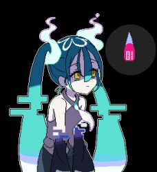 Rule 34 | ++ (9oafxjjhuktkdef), 1girl, black background, black skirt, black sleeves, blue hair, closed mouth, cowboy shot, creatures (company), detached arm, detached sleeves, expressionless, floating neckwear, game freak, ghost miku (project voltage), glitch, grey shirt, hair between eyes, hair ornament, halterneck, hatsune miku, hitodama, hunched over, multicolored hair, necktie, nintendo, pixel art, pokemon, project voltage, raised eyebrows, shaded face, shirt, simple background, skirt, sleeveless, sleeveless shirt, solo, twintails, vocaloid, white background, white hair, white necktie, yellow eyes