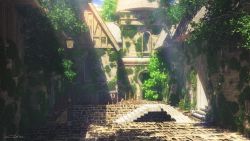 Rule 34 | 3d, artist name, day, highres, ivy, lamppost, light rays, no humans, original, outdoors, scenery, signature, stairs, sunlight, waisshu (sougyokyuu), window