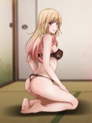 Rule 34 | 1girl, ass, ass cutout, barefoot, black bra, black panties, blonde hair, bra, breasts, butt crack, closed mouth, clothing cutout, colored tips, commentary, ear piercing, earrings, from side, full body, gradient hair, highres, indoors, jewelry, kitagawa marin, kneeling, lipstick, long hair, looking to the side, makeup, medium breasts, multicolored hair, panties, piercing, pink hair, red eyes, sbel02, sliding doors, smile, solo, sono bisque doll wa koi wo suru, straight hair, symbol-only commentary, tatami, underwear, underwear only