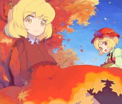 Rule 34 | 2girls, :d, aki minoriko, aki shizuha, autumn, autumn leaves, bad drawr id, bad id, basket, blonde hair, blouse, blue sky, c:, closed mouth, collared shirt, cowboy shot, cross tie, day, dutch angle, falling leaves, food, food-themed hair ornament, from below, from side, fruit, gradient clothes, gradient skirt, grape hair ornament, grapes, hair between eyes, hair ornament, hat, holding, holding basket, leaf, leaf hair ornament, long sleeves, looking at viewer, looking down, looking to the side, maple leaf, mob cap, multiple girls, oekaki, open mouth, outdoors, pera, puffy sleeves, red eyes, red headwear, red shirt, red skirt, scenery, shirt, short hair, siblings, sisters, skirt, skirt set, sky, smile, sweet potato, tareme, touhou, tree, wind, wing collar, yellow eyes