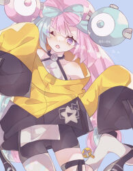 Rule 34 | 1girl, ;o, absurdres, bike shorts, boots, bow-shaped hair, character hair ornament, commentary request, creatures (company), eyelashes, game freak, green hair, grey footwear, hair ornament, haru (8ru815), heart, highres, iono (pokemon), jacket, leg up, looking at viewer, multicolored hair, nintendo, one eye closed, open mouth, pink hair, pokemon, pokemon sv, purple eyes, shirt, sleeveless, sleeveless shirt, sleeves past fingers, sleeves past wrists, solo, thigh strap, two-tone hair, yellow jacket