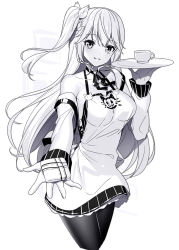 Rule 34 | 1girl, blush, braid, breasts, cropped legs, cup, detached sleeves, dress, emily stock, greyscale, hair between eyes, hair ribbon, holding, holding plate, long hair, long sleeves, looking at viewer, medium breasts, monochrome, one side up, original, outstretched arm, pantyhose, parted lips, plate, ribbon, ririko (zhuoyandesailaer), simple background, sleeveless, sleeveless dress, smile, solo, teacup, very long hair, white background