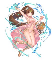 Rule 34 | 1girl, armpits, basket, bikini, blush, breasts, brown eyes, brown hair, cleavage, feet, female focus, fire emblem, fire emblem: mystery of the emblem, fire emblem heroes, front-tie bikini top, front-tie top, full body, highres, holding, holding basket, kippu, linde (fire emblem), long hair, matching hair/eyes, medium breasts, navel, nintendo, official art, open mouth, pink bikini, sandals, side-tie bikini bottom, solo, starfish, swimsuit, toes, transparent background, very long hair, water