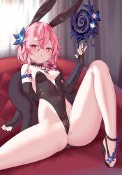 Rule 34 | 1girl, absurdres, animal ears, bare legs, black choker, black footwear, black leotard, black sleeves, braid, breasts, cameltoe, choker, cleft of venus, commission, couch, daydreamer (elsword), detached sleeves, elsword, fake animal ears, fake tail, flower, fur scarf, hair between eyes, hair flower, hair ornament, half-closed eyes, high heels, highres, indoors, laby (elsword), leotard, light blush, long hair, looking at viewer, on couch, parted lips, pink hair, pixiv commission, playboy bunny, rabbit ears, rabbit tail, shakumaru, single braid, small breasts, solo, spread legs, strapless, strapless leotard, tail, thighs, thorns