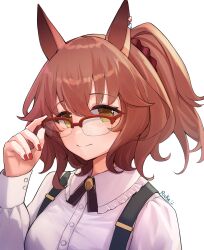 Rule 34 | 1girl, absurdres, animal ears, artist name, aston machan (umamusume), brown hair, closed mouth, commentary request, dress, ear ornament, green eyes, hair between eyes, highres, horse ears, horse girl, long sleeves, official alternate costume, ponytail, portrait, red-framed eyewear, red nails, ricke 2002, semi-rimless eyewear, short hair, simple background, smile, solo, umamusume, white background, white dress