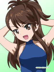 Rule 34 | 1girl, amaretto (girls und panzer), blue one-piece swimsuit, blush, breasts, brown eyes, brown hair, girls und panzer, highres, long hair, looking at viewer, medium breasts, naotosi, one-piece swimsuit, open mouth, smile, solo, swimsuit, upper body