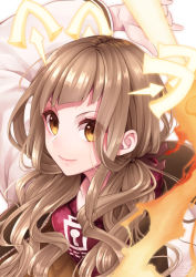 Rule 34 | 1girl, animal ears, arm up, blunt bangs, brown hair, closed mouth, eyes visible through hair, fire, hair ribbon, highres, hinata mizuiro, holding, holding weapon, jacket, long hair, long sleeves, looking at viewer, orange eyes, red ribbon, red riding hood (sinoalice), ribbon, simple background, sinoalice, smile, solo, twintails, upper body, wavy hair, weapon, white background