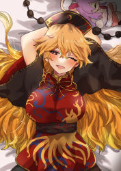 Rule 34 | 1girl, ;d, absurdres, arms behind head, arms up, bed sheet, black dress, blonde hair, blush, breasts, bright pupils, character doll, chinese clothes, dress, gold trim, hara22hara, hat, highres, junko (touhou), large breasts, long hair, long sleeves, looking at viewer, lying, on back, on bed, one eye closed, open mouth, red eyes, reisen udongein inaba, sash, short sleeves, smile, solo, tabard, tassel, touhou, very long hair, white pupils, wide sleeves