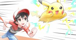 Rule 34 | 1boy, :d, black hair, black shirt, blue pants, capri pants, chase (pokemon), clenched hands, creatures (company), ffccll, game freak, gen 1 pokemon, grey eyes, hat, highres, jacket, lightning bolt symbol, looking up, male focus, nintendo, open mouth, pants, pikachu, pokemon, pokemon lgpe, red jacket, running, shirt, short hair, short sleeves, smile, teeth, upper teeth only, white background