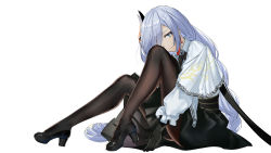 Rule 34 | 1girl, absurdres, black footwear, black gloves, blue eyes, capelet, closed mouth, frilled sleeves, frills, full body, genshin impact, gloves, hair ornament, hair over one eye, high heels, highres, long hair, long sleeves, looking at viewer, pantyhose, shenhe (genshin impact), simple background, skirt, smile, solo, srpzk, white background, white hair