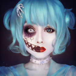 Rule 34 | 1girl, anzujaamu, black background, black sky, blue eyes, blue hair, bone, choker, close-up, collarbone, colored skin, cosplay, expressionless, eyeshadow, facial mark, heart, heterochromia, highres, koarai, lips, lipstick, makeup, matching hair/eyes, nose, original, pale skin, parted lips, photo-referenced, portrait, real life, red lips, scar, scar on face, see-through, short hair, simple background, skeleton, sky, solo, space, spiked choker, spikes, split theme, star (sky), starry sky, teeth, upper body, white choker, white skin