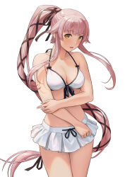Rule 34 | 1girl, bare arms, bare legs, bare shoulders, bikini, blush, breasts, collarbone, cowboy shot, embarrassed, highres, kantai collection, long hair, medium breasts, open mouth, pink hair, ponytail, simple background, solo, swimsuit, tantaka, very long hair, white background, white bikini, yellow eyes, yura (kancolle)