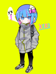 Rule 34 | 1girl, backpack, bag, black footwear, black pants, blue eyes, blue hair, blunt bangs, blunt ends, blush stickers, character request, closed mouth, colored inner hair, commentary request, copyright request, double-parted bangs, dripping, expressionless, eyelashes, full body, ghost, grey jacket, grey sleeves, jacket, kanji hair ornament, long sleeves, medium hair, multicolored hair, o-ring, pants, pink hair, shoes, simple background, sleeves past wrists, sneakers, solo, streaked hair, terada tera, tongue, turtleneck, turtleneck jacket, x x, xo, yellow background, zipper pull tab