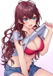 Rule 34 | 1girl, :3, ahoge, bikini, blue eyes, blush, bra, breasts, brown hair, cleavage, clothes lift, commentary, denim, denim shorts, front-tie top, grey shirt, hair between eyes, hamu (plot sy), highres, ichinose shiki, idolmaster, idolmaster cinderella girls, large breasts, long hair, looking at viewer, navel, off-shoulder shirt, off shoulder, open mouth, red bikini, shirt, shirt lift, short shorts, short sleeves, shorts, simple background, sitting, smile, solo, swimsuit, thighs, underwear, wavy hair, white background