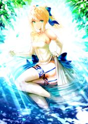 Rule 34 | 1girl, absurdres, ahoge, artoria pendragon (all), artoria pendragon (fate), ass, bad anatomy, blonde hair, blue bow, boa sorte, bow, breasts, choker, cleavage, clothes lift, covered navel, dress, dress bow, dress lift, elbow gloves, fate/grand order, fate/stay night, fate (series), garter belt, garter straps, gloves, green eyes, hair between eyes, hair bow, hair ornament, high ponytail, highres, lace, lace-trimmed legwear, lace trim, legs, legs together, lying, lying on water, medium hair, on side, panties, ponytail, saber (fate), sideboob, sidelocks, skirt hold, small breasts, solo, strapless, strapless dress, thighhighs, thighs, underwear, water, wet, wet clothes, white choker, white dress, white gloves, white panties, white thighhighs