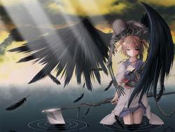 Rule 34 | 1girl, black feathers, brown eyes, brown hair, chain, feathers, female focus, goth fashion, highres, jewelry, necklace, onozuka komachi, scythe, skeleton, skull, solo, touhou, twintails, two side up, undead, wallpaper, water, wings, yuuki eishi