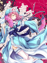 Rule 34 | 1girl, breasts, cherry blossoms, cowboy shot, dual wielding, closed eyes, folding fan, frilled kimono, frilled thighhighs, frills, hand fan, hat, highres, holding, iwayuu, japanese clothes, kimono, looking to the side, open mouth, outstretched arm, pink hair, saigyouji yuyuko, short hair, solo, thighhighs, touhou, triangular headpiece